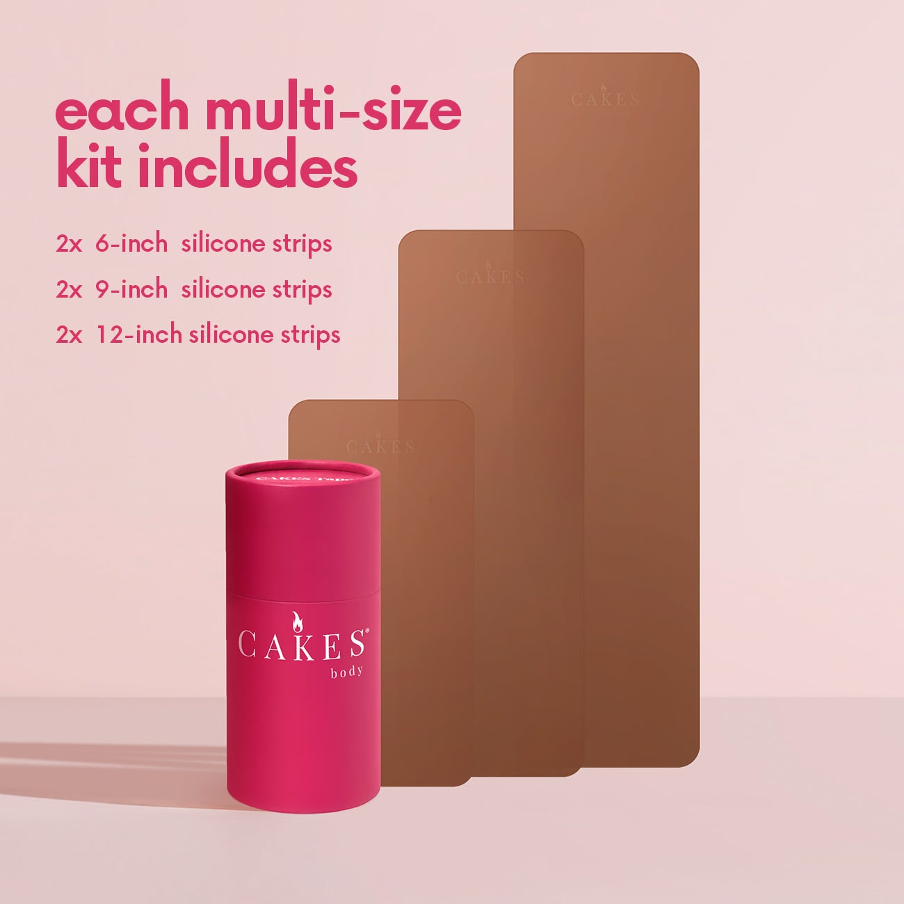 CAKES Tape™ multi-size kit with a pink cylindrical container labeled 'CAKES body' on a light pink background.